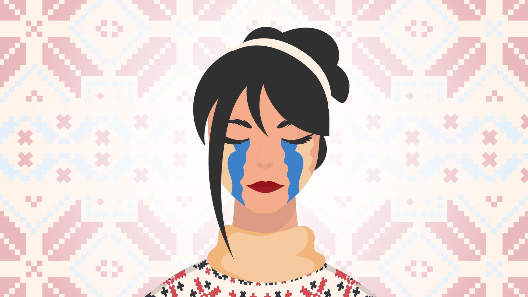 The girl sheds tears in the color of the flag of Ukraine. Save Ukraine. Vector