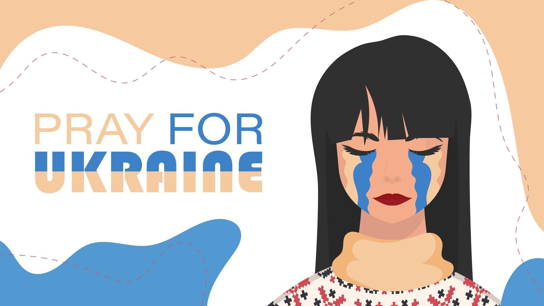 Pray for Ukraine. A woman cries in the colors of the Ukrainian flag. Vector illustration.