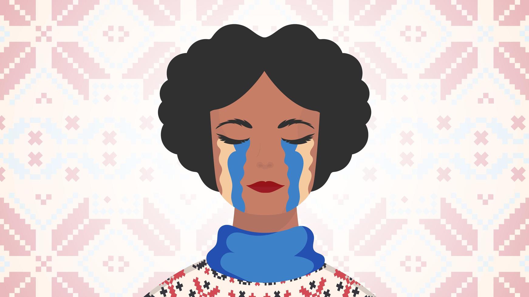 The girl cries with the color of the Ukrainian flag. Pray for peace in Ukraine. Vector illustration.