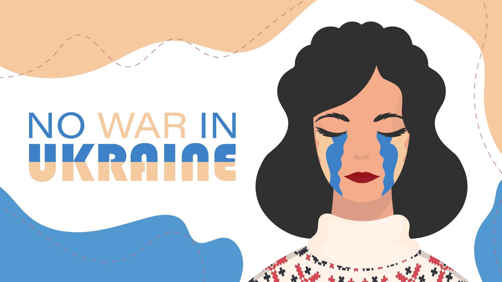 No war in Ukraine. The girl cries in the color of the flag of Ukraine. Vector illustration.