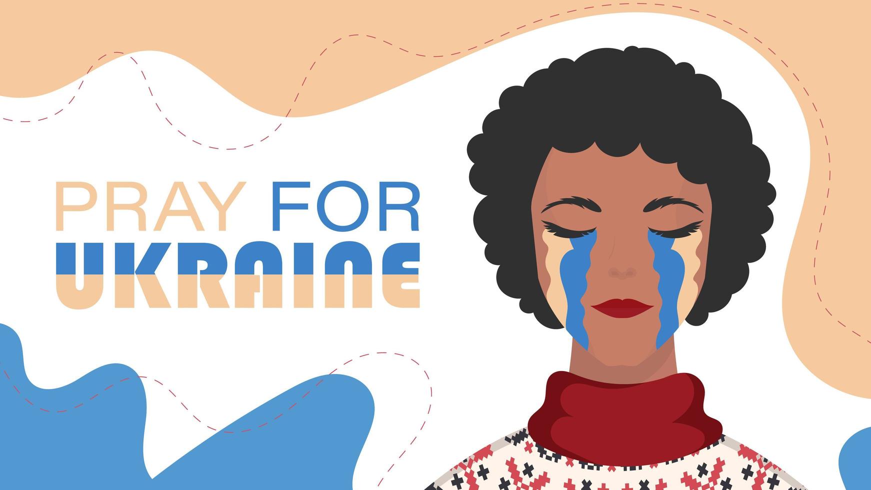 Pray for Ukraine. The girl cries in the color of the flag of Ukraine. Vector illustration.