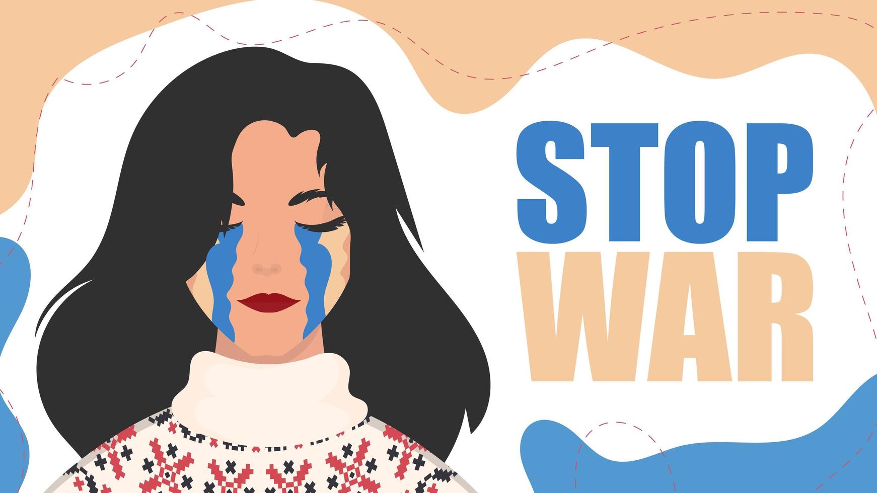 Stop war. The girl sheds tears in the color of the flag of Ukraine. Vector illustration.