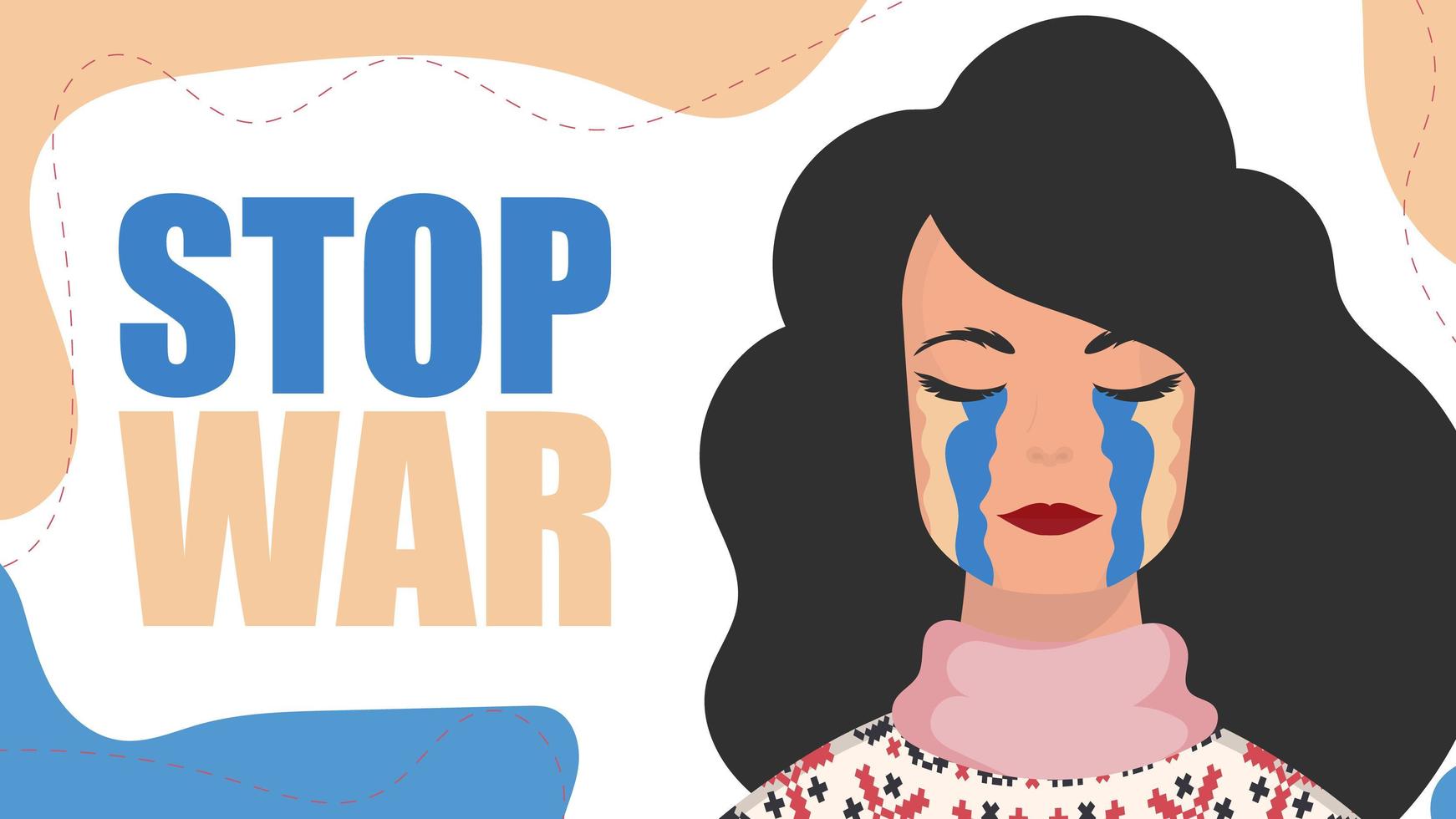 Stop war. The girl sheds tears with the color of the Ukrainian flag. Vector illustration.