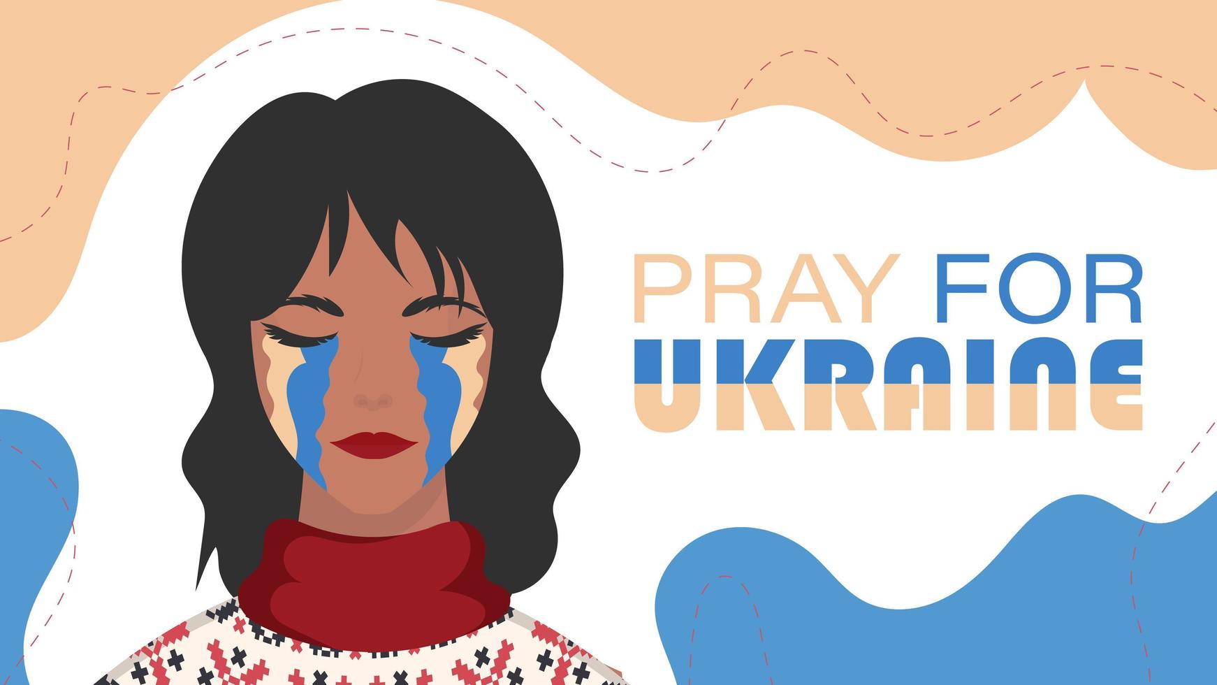 Pray for Ukraine. The girl cries with the color of the Ukrainian flag. Vector illustration.