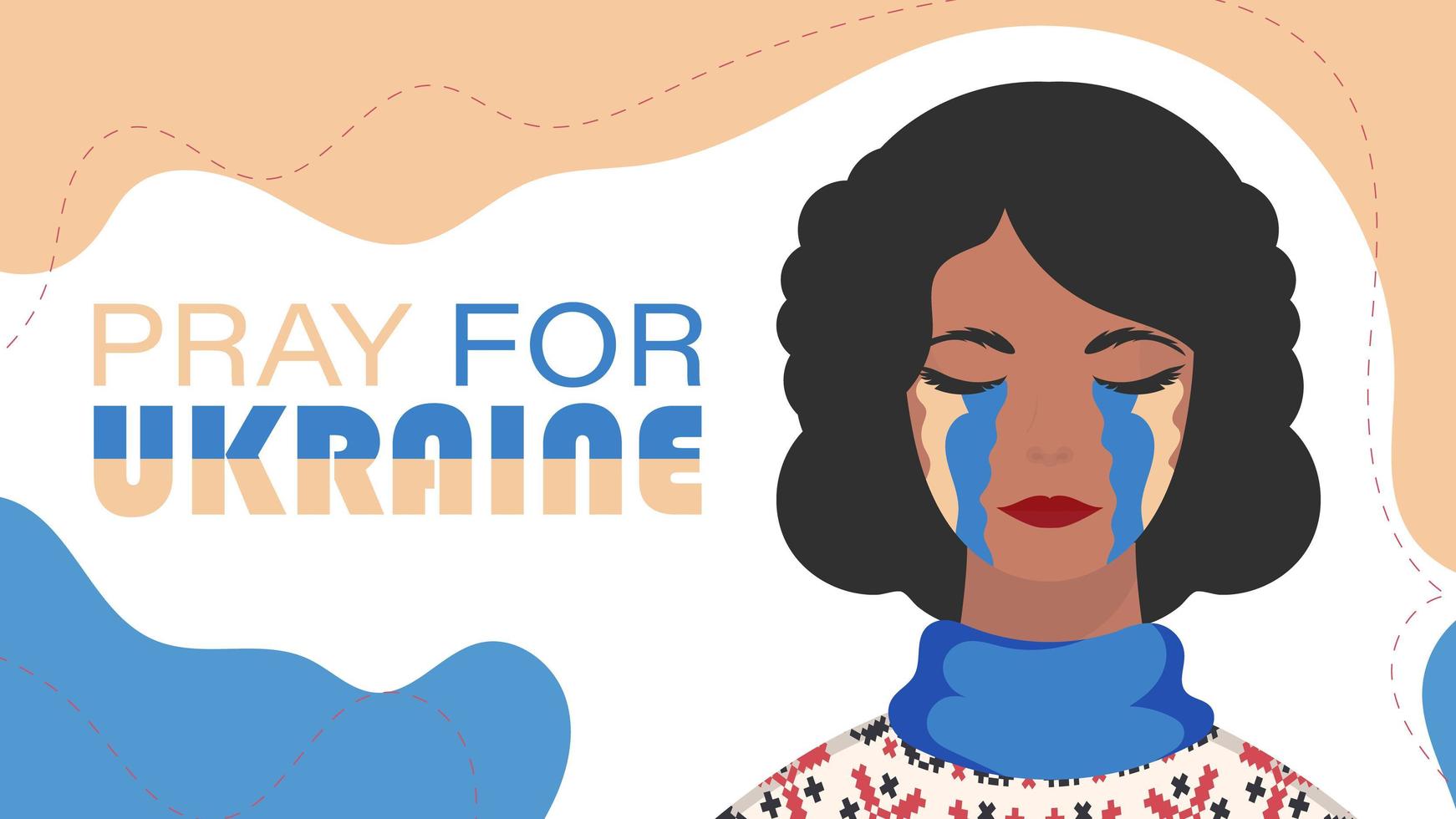 Pray for Ukraine. The girl sheds tears with the color of the Ukrainian flag. Vector illustration.