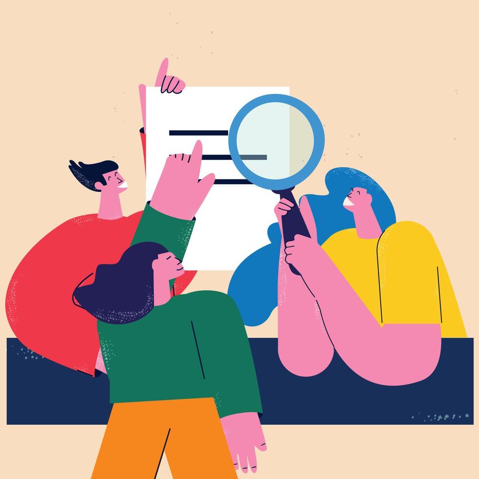 Business report audit, data evaluation, document inspection, business team office work flat vector illustration