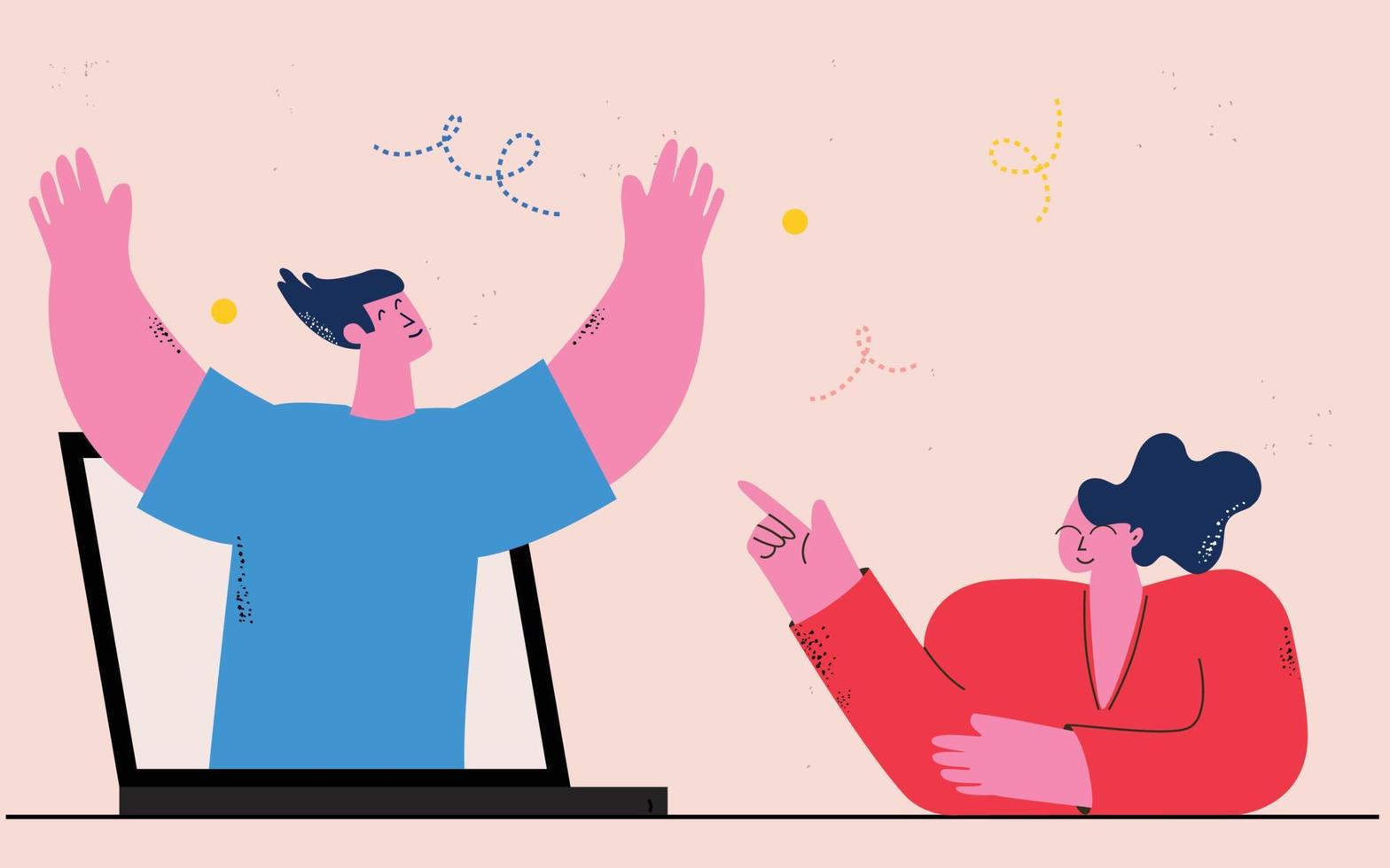 Friendship, cheerful people, online communication, celebrating, happy people flat vector illustration. Business coworkers and colleagues success celebration