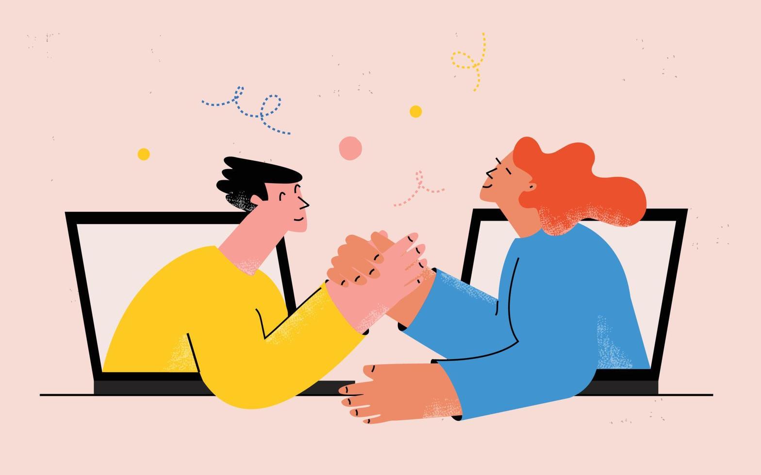 Online meeting, online agreement, digital workers connecting, cooperation, teamwork, partnership concept vector illustration. People from laptop screens shaking hands, team building concept