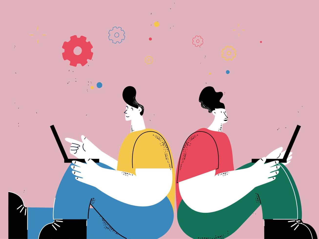 Man an woman working on laptop, freelance job, remote work, blogging, co-working, business professionals, business colleagues flat vector illustration
