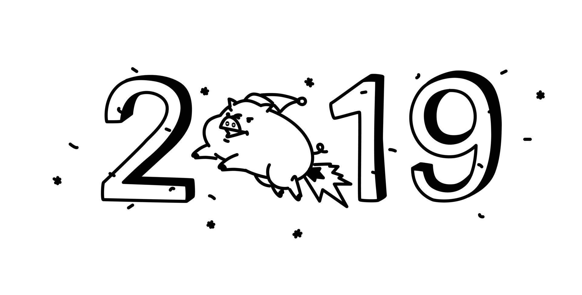 New years illustration of a cartoon pig with the inscription 2019. Vector. The illustration is isolated on a white background. Sweet animal pig. Symbol of the Chinese New Year. vector