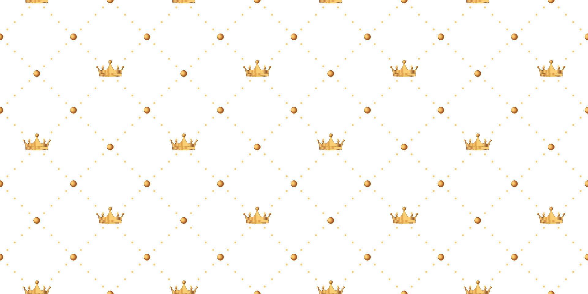 Seamless pattern in retro style with a gold crown and polka dots on white background. Cute wallpaper for little princesses. Vector illustration