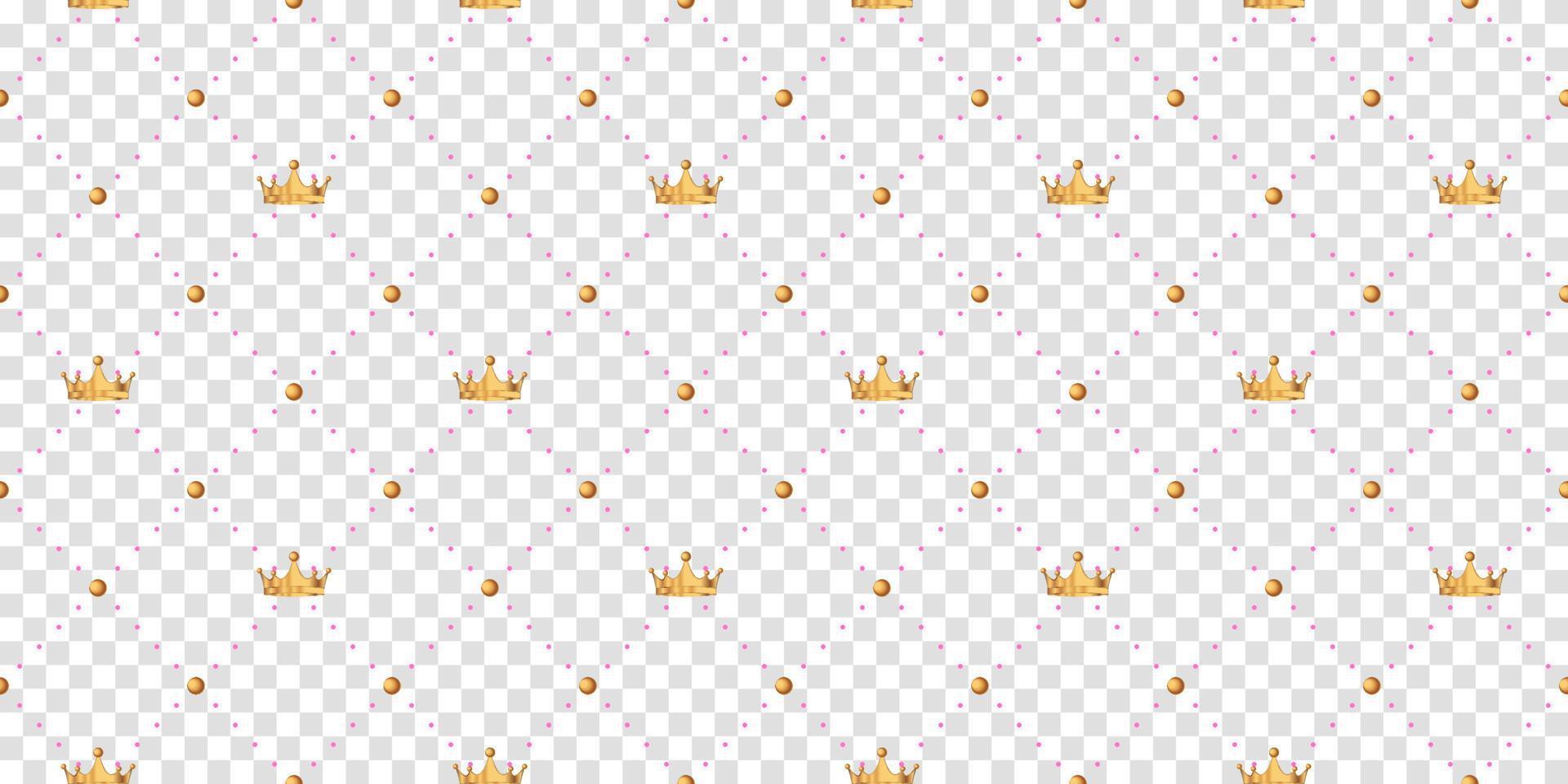 Seamless pattern in retro style with a gold crown and polka dots on white background. Cute wallpaper for little princesses. Vector illustration