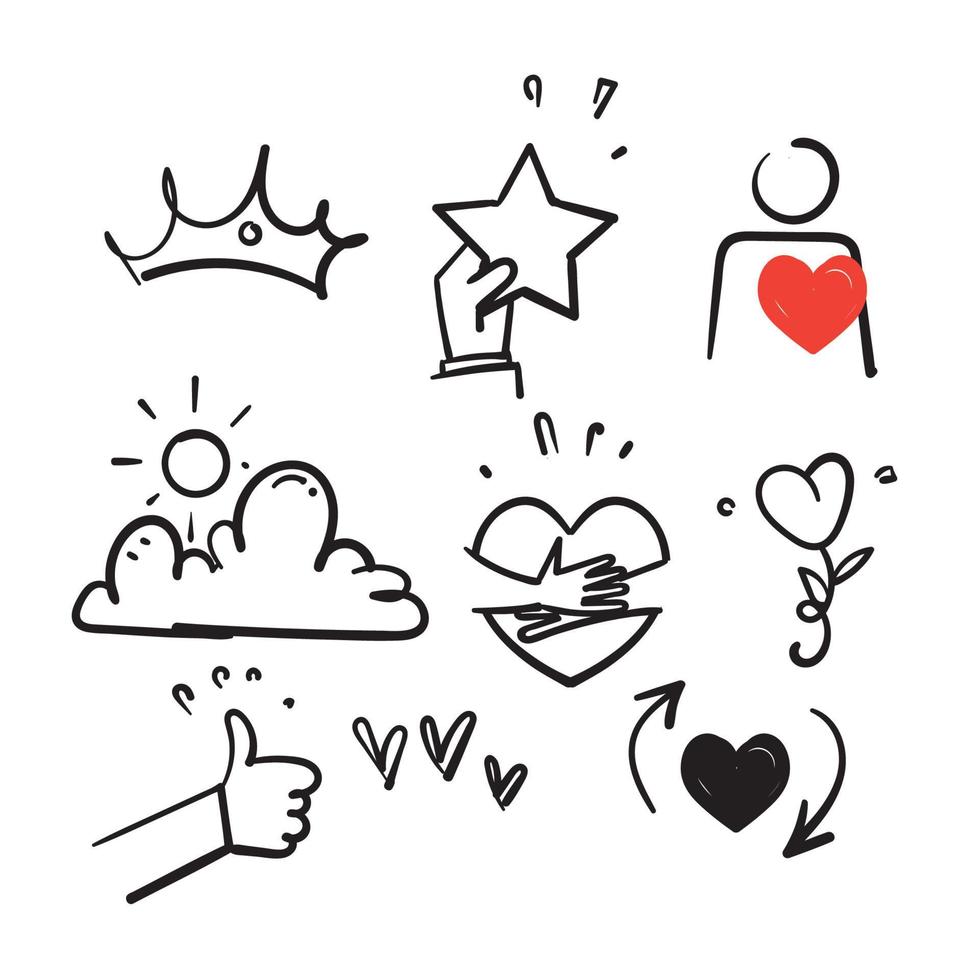 iconos de línea de garabatos dibujados a mano relacionados con el respeto propio y el vector de ilustración de amor