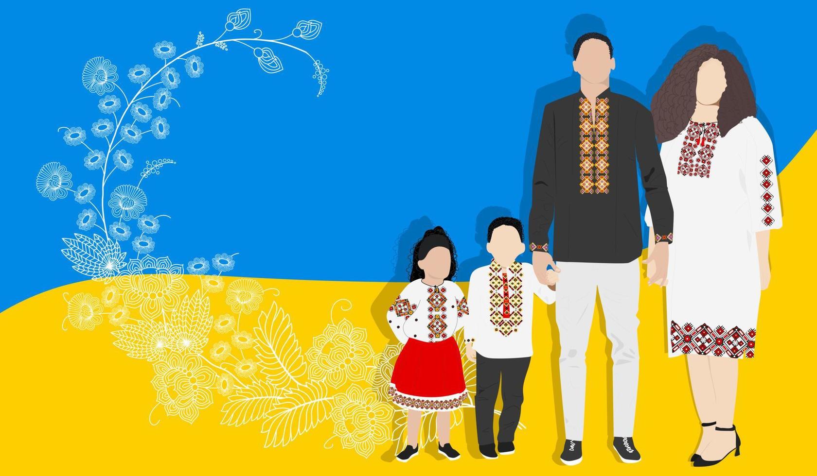 Family in embroidered shirts on the background of the flag of Ukraine. vector