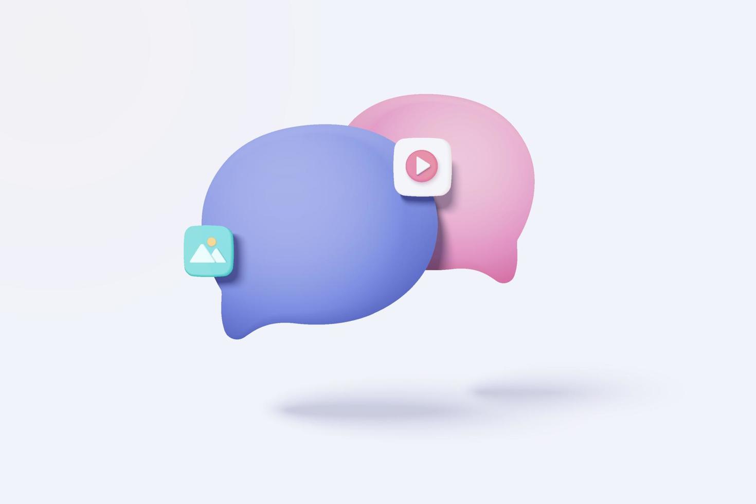 Medios sociales vectoriales 3d con plataforma de video y galería de fotos, concepto de aplicaciones de comunicación social en línea, emoji, página web, iconos de búsqueda, chat con fondo de escritura. imagen 3d render vector