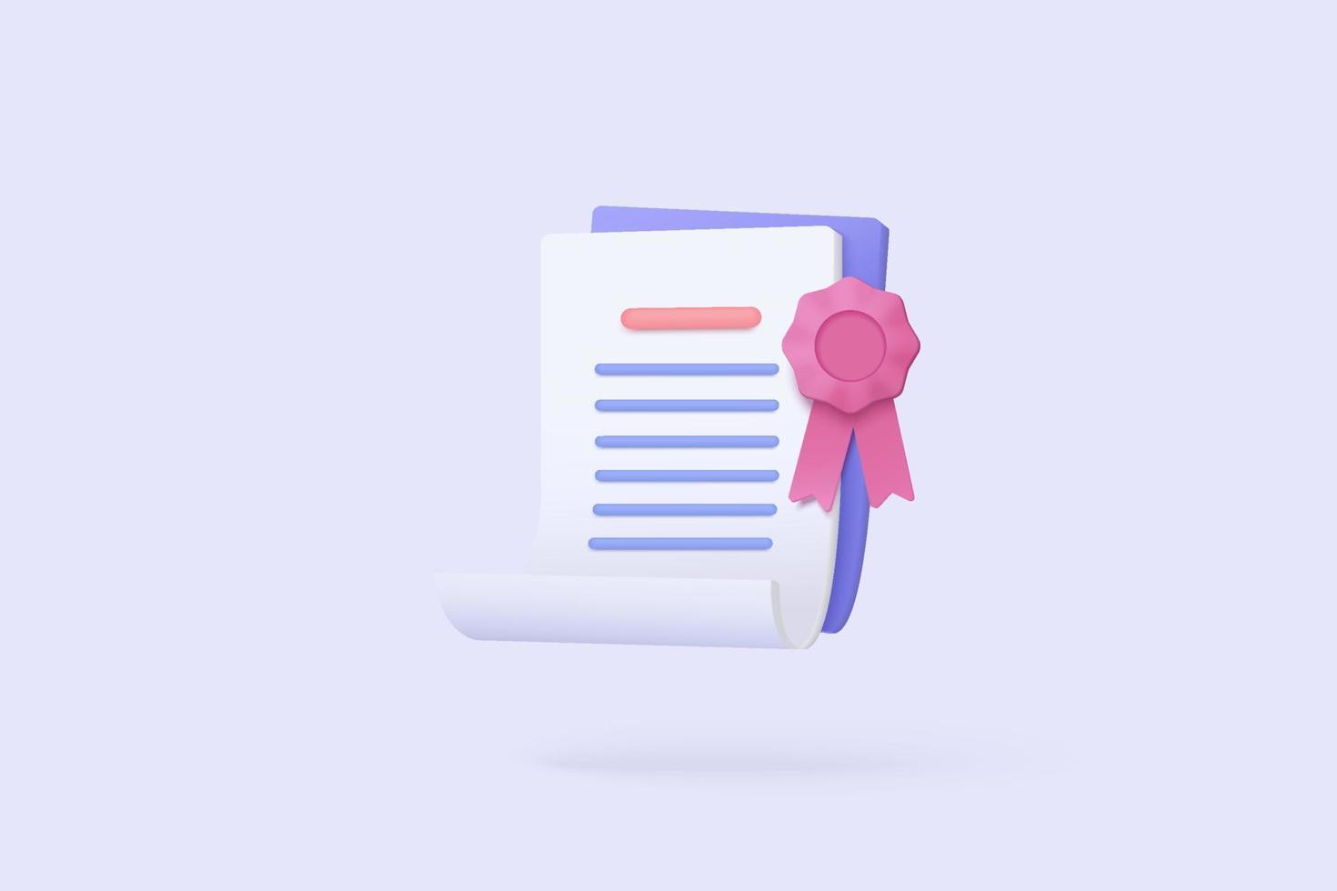 3d certificate or diploma icon with stamp and ribbon bow isolated background. White clipboard task management todo check list, work on project plan concept. 3d vector render on white background