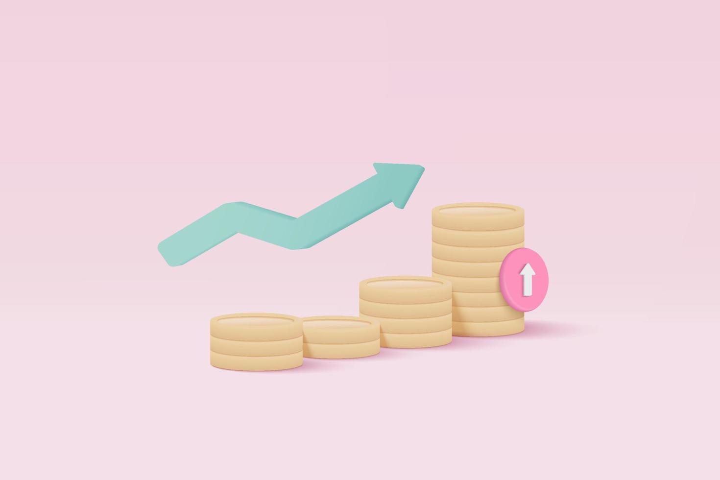 3D money coin stack and green arrow up on pastel pink background. coin stack growing business isolate concept, 3d money vector render for finance, investment, money earning growth illustration concept