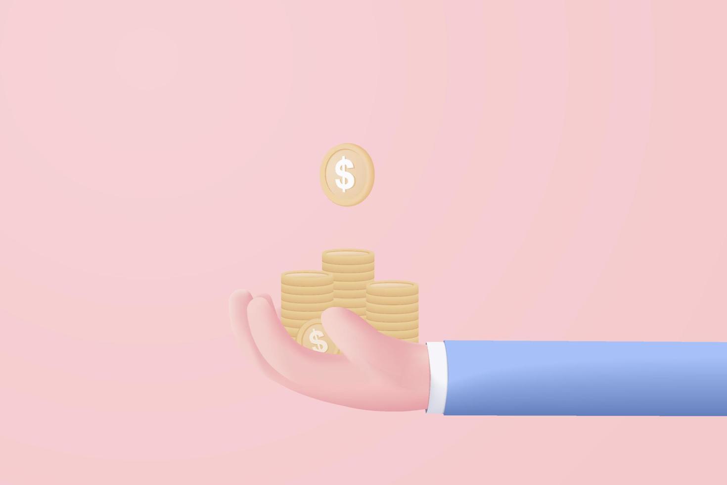 Mano de moneda de dinero 3d sosteniendo sobre fondo rosa pastel. tenencia de dinero en el concepto de mano de negocios, pago en línea y concepto de representación de vector 3d de pago. finanzas, inversión, ahorro de dinero a mano aislar