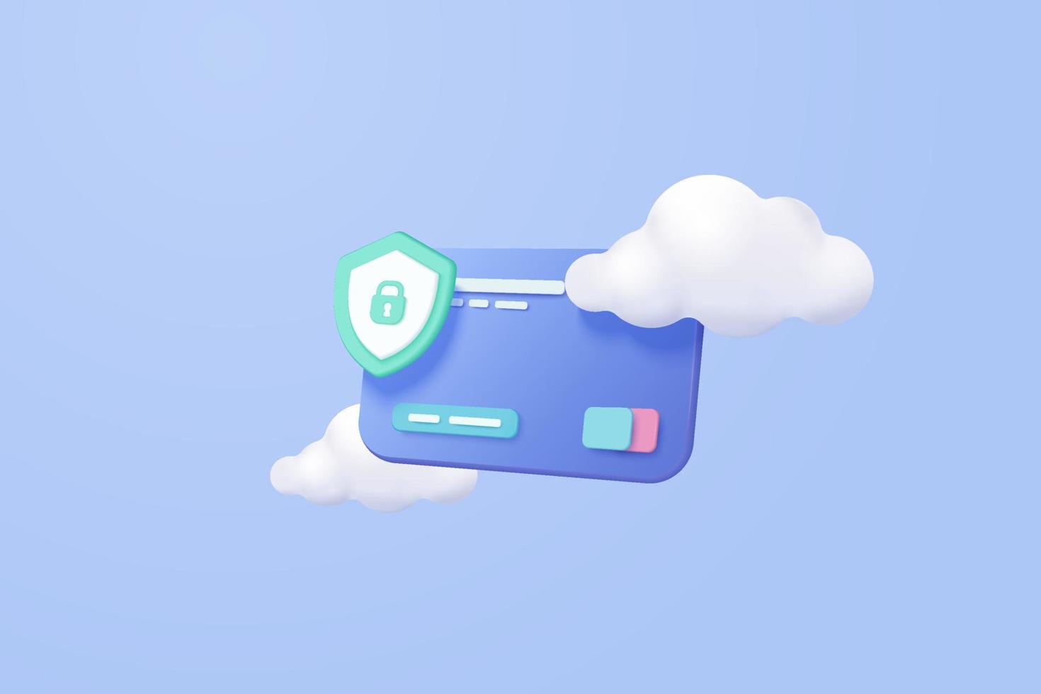 Tarjeta de crédito 3d financiera segura para compras, tarjeta de crédito de pago en línea con protección de pago en concepto de fondo de cielo azul de nube. 3d vector render seguridad de tarjeta de crédito con fondo aislado