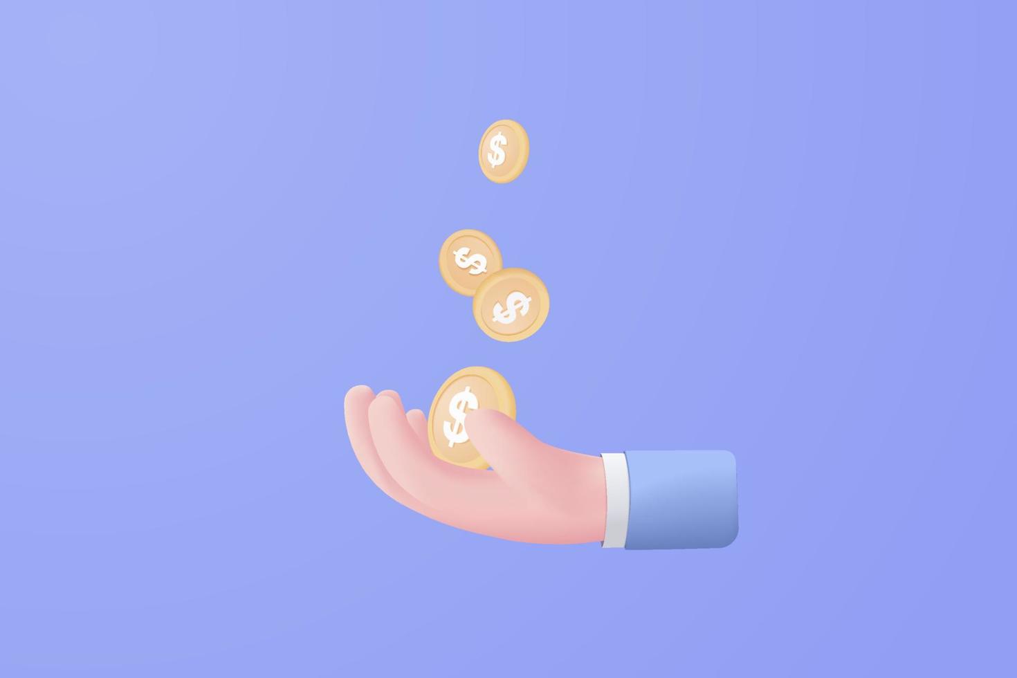 3D money coin hand holding on pastel purple background. holding money in business hand concept, online payment and payment 3d vector render concept. finance, investment, money saving on hand isolate