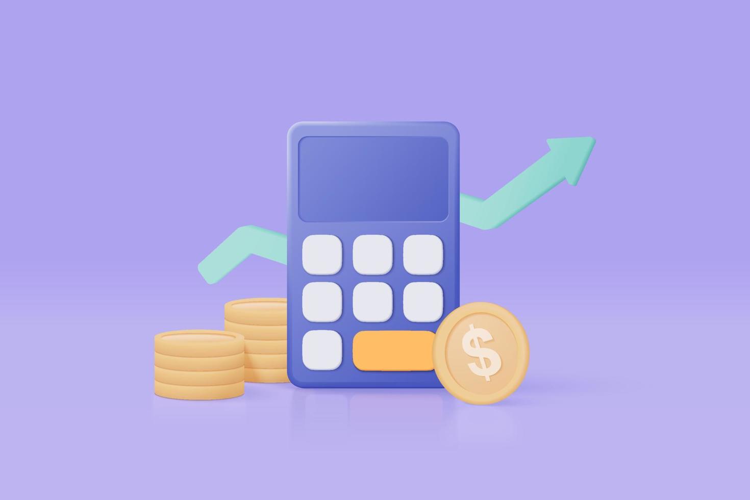 vector de calculadora mínima 3d render concepto de gestión financiera. cálculo de la planificación del riesgo financiero, calculadora con pila de monedas y gráfico de flecha con concepto de vector 3d sobre fondo púrpura pastel