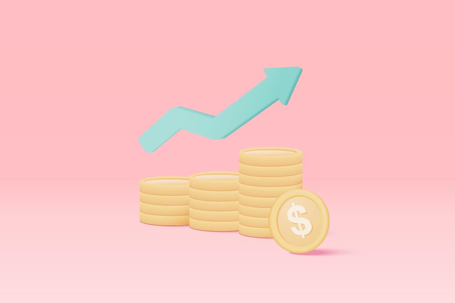 3D money coin stacks and arrow up on pastel pink background. coin stack growing business isolate concept, 3d money vector render for finance, investment, money earning growth illustration concept