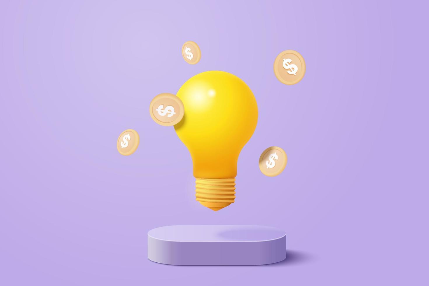 3D idea make money coin  on pastel background.  growing business isolated concept, 3d money vector render for finance, investment, light bulb like idea make earning with illustration concept