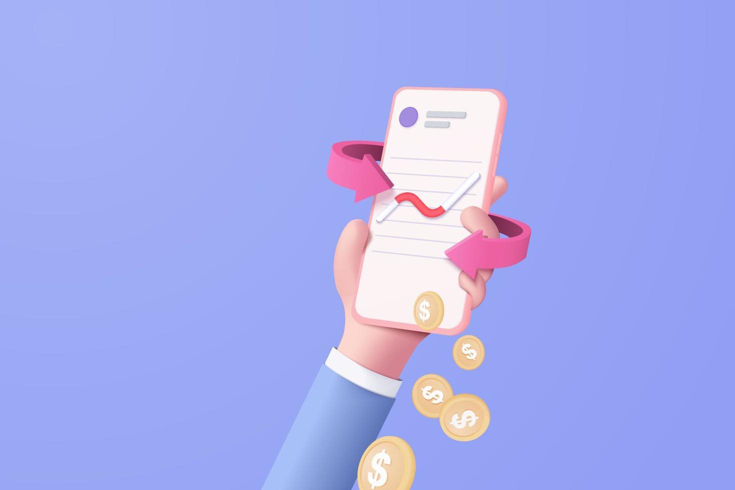 3D vector hand holding mobile isolated on pastel purple background. Hand using funding business graph on application under creative solution concept in 3D vector. 3d trading for business investment