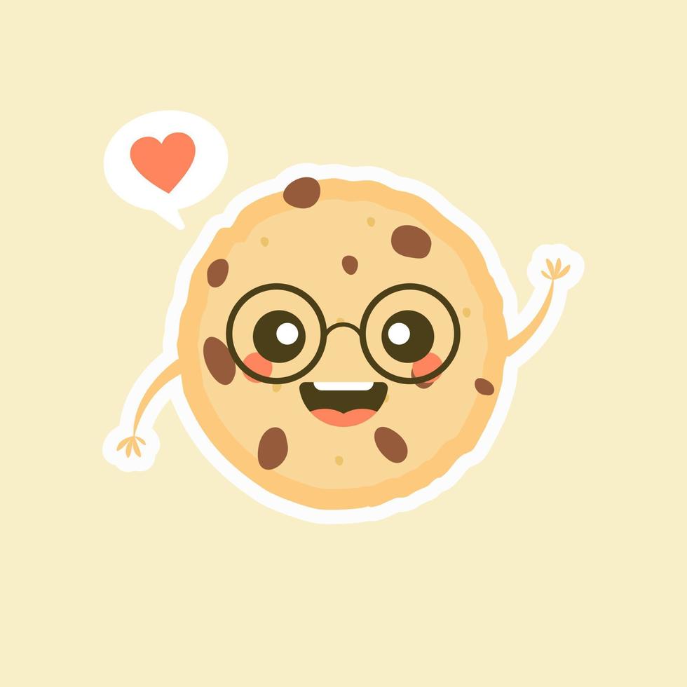 Cute cartoon chocolate chip cookie character with funny face. Cute happy cookie mascot vector illustration isolated on white. Kids menu design concept. Smiling and surprised face food emoticon