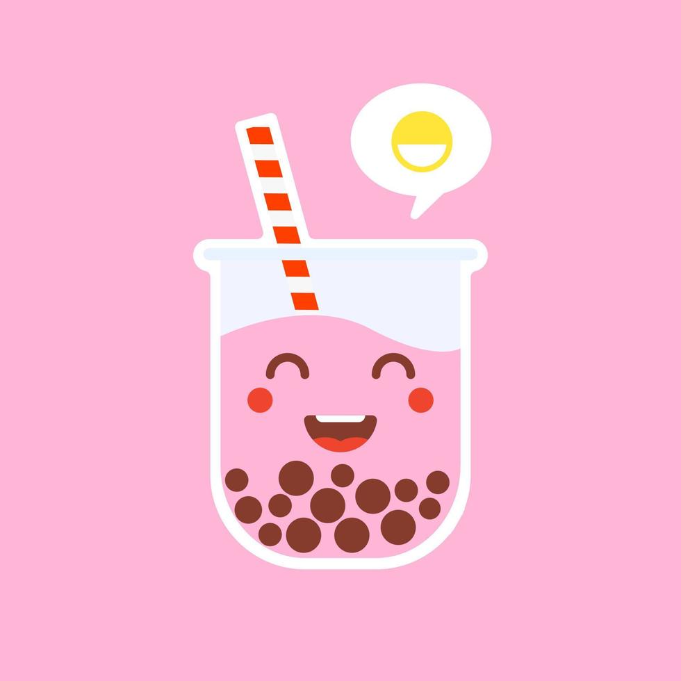 Cute Boba bubble milk tea with tapioca. Pearl milk tea, black delicious pearls is Taiwanese famous. Popular drink. Vector illustration sketch. Character Cartoon. Cute Sticker. Kawaii cartoon Emoji.