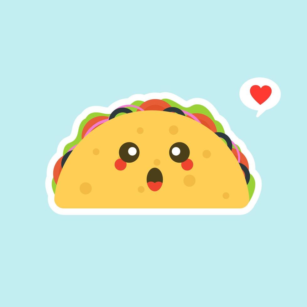 Vector illustration with mexican tacos kawaii food. The tortilla is going to tacos. Cute cartoon illustration isolated on color background.