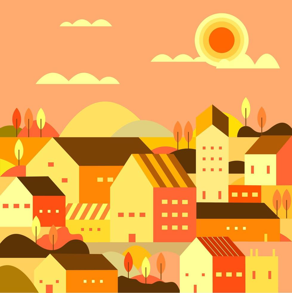 ilustración vectorial del pueblo por la tarde, diseño plano del paisaje urbano vector