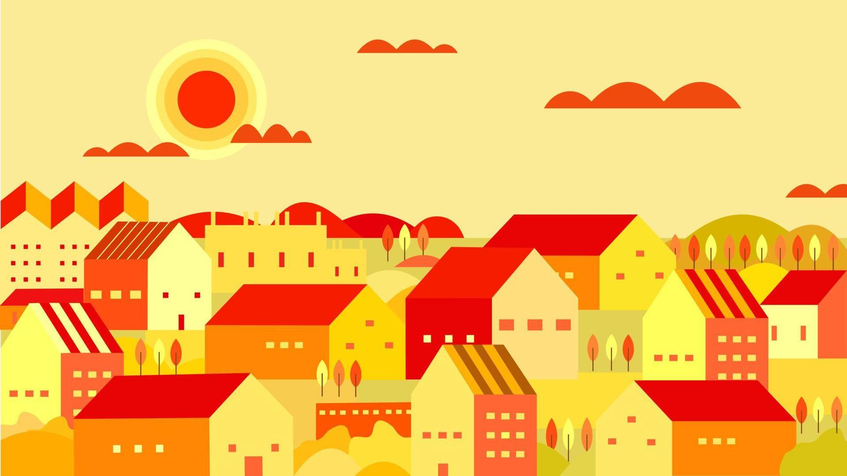 vector illustration of village at afternoon, city scape flat design