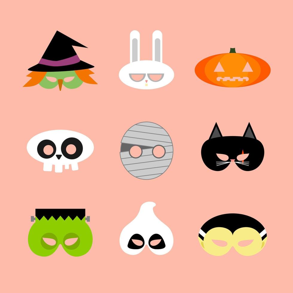 ilustración vectorial de un conjunto de máscaras para halloween. máscara de  halloween estilo plano, jack o linterna, bruja, mago, conejo, calavera,  momia, zombi gato negro, fantasma y vampiro o drácula 6329911 Vector