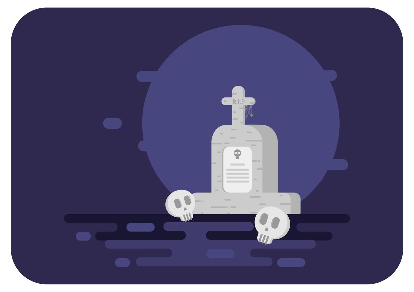 Halloween. Flat. Halloween. Vector illustration on a color background. Flat design style. Stone tombstone stands on ground with grave. Skull on stone. Detail cemetery.