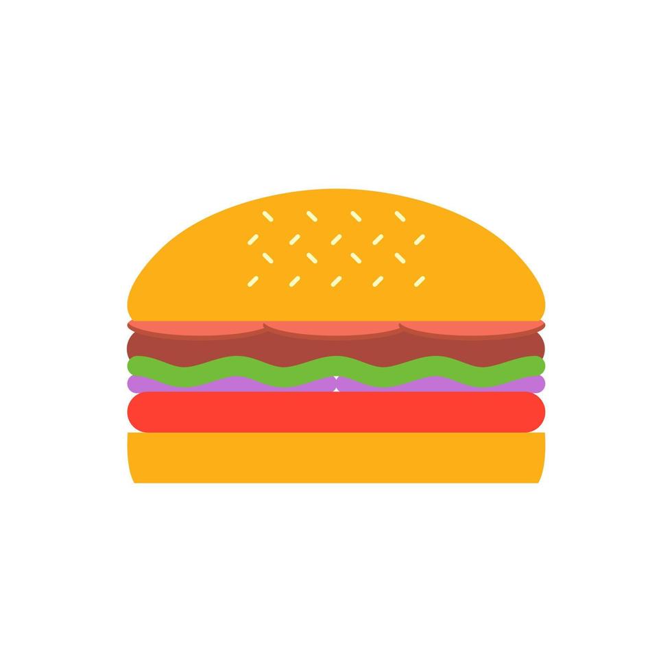 Delicious hamburger. Vector flat design burger icon. Burger with salad, tomatoes, cheese and cutlet. Fast food. Vector illustration