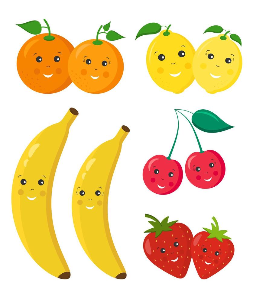 Set of cute smiling funny childish fruits. Banana, cherry, strawberry, lemon, orange. A couple of fruits. Design for the decoration of children's stationery, textiles, educational materials. vector