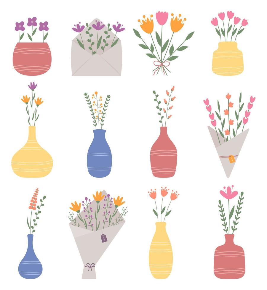 Spring garden flowers, bouquets in vase, pot, ceramic cup and paper. Hand Drawn Floral Element. Happy women's day March 8 collection. Botanical floral set of bouquets for wedding cards, invitation. vector