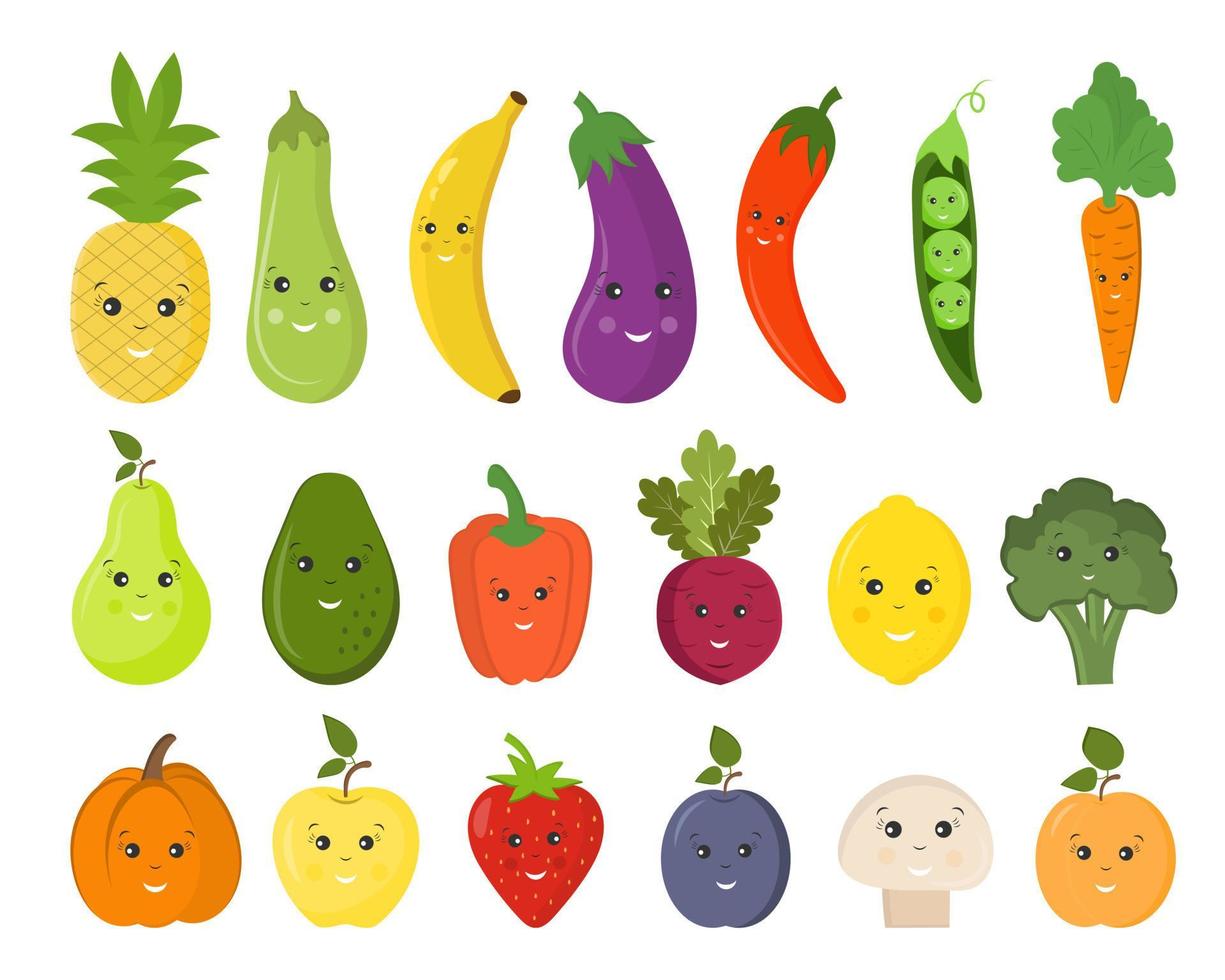 colección de lindas frutas y verduras infantiles divertidas y sonrientes. plátano, cereza, fresa, limón, naranja. un par de frutas. diseño para la decoración de papelería infantil, textiles vector