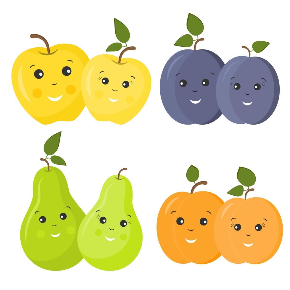 conjunto de lindas frutas infantiles graciosas y sonrientes. un par de frutas. diseño para la decoración de papelería infantil, textiles, materiales educativos. vector