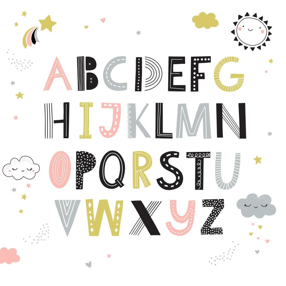 alfabeto infantil dibujado a mano con lindas ilustraciones del cielo en estilo escandinavo. corte el juego de letras funky para carteles, guardería, ropa. vector