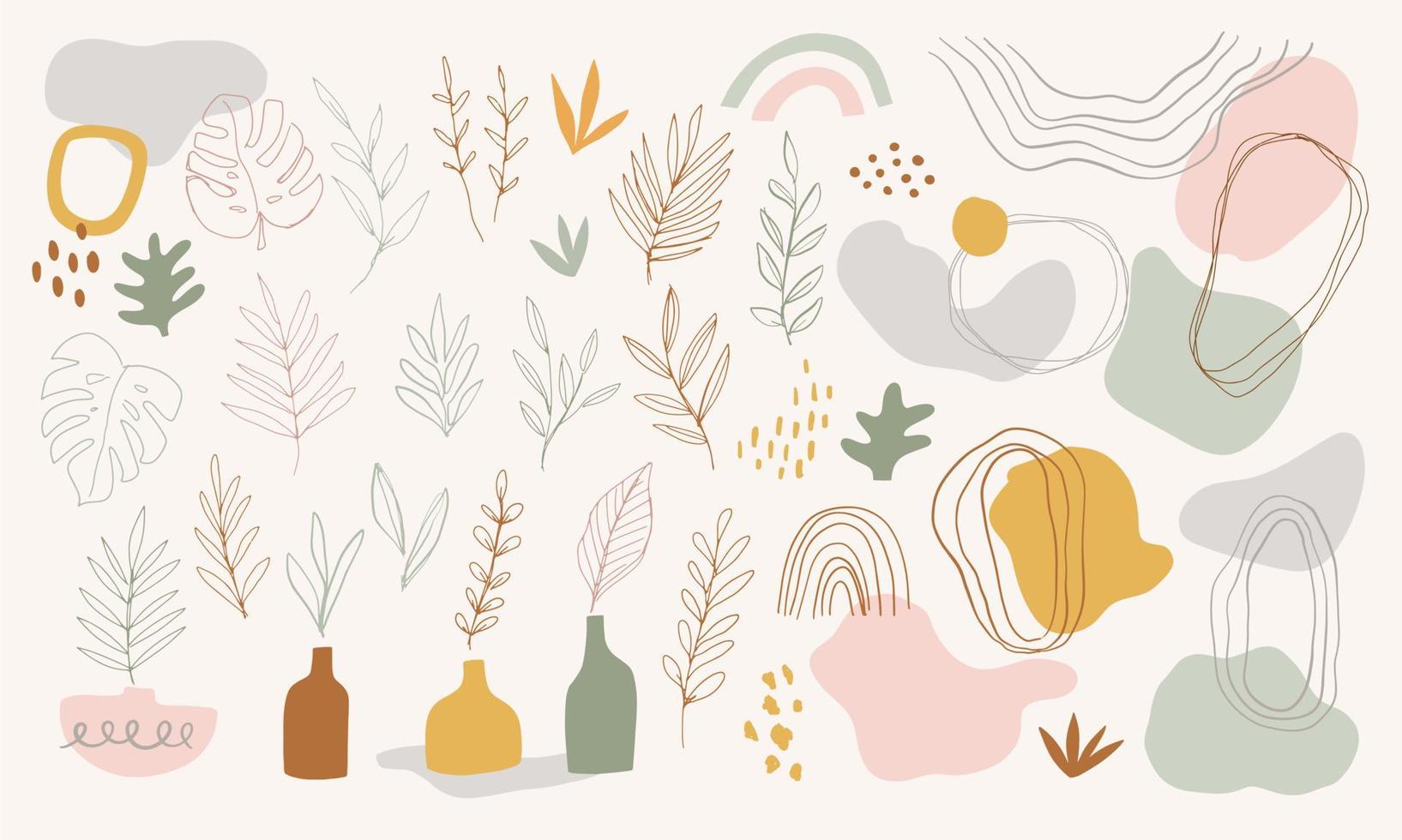 Set of hand drawn shapes and linear botanical illustrations. Tropical leaves and branches. Abstract contemporary modern elements. Terracotta Art Print, Burnt orange, dusty pink. Posters, social media. vector