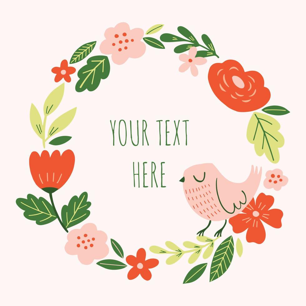 Cute floral wreath with bird. Flowers, leaves and bird round frame, border. Vector design element.