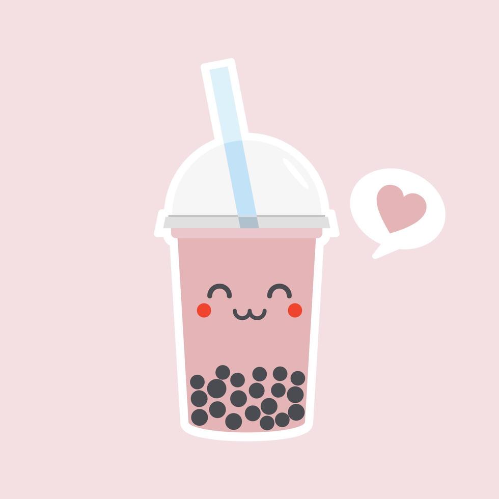 lindo té de leche con burbujas de boba con tapioca. té de leche de perlas, perlas negras deliciosas es famoso en Taiwán. bebida popular. boceto de ilustración vectorial. caricatura de personaje linda pegatina. emoji de dibujos animados kawaii. vector