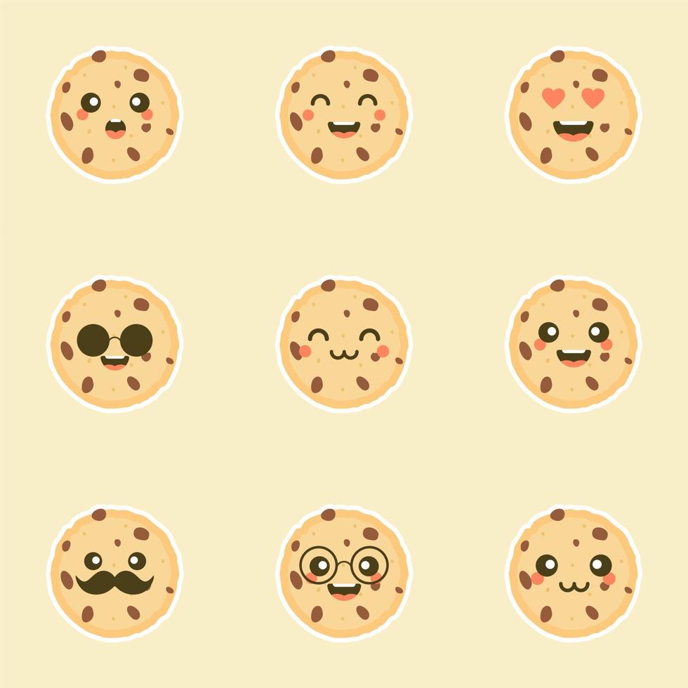 Cute cartoon chocolate chip cookie character with funny face. Cute happy  cookie mascot vector illustration isolated on white. Kids menu design  concept. Smiling and surprised face food emoticon 6330042 Vector Art at