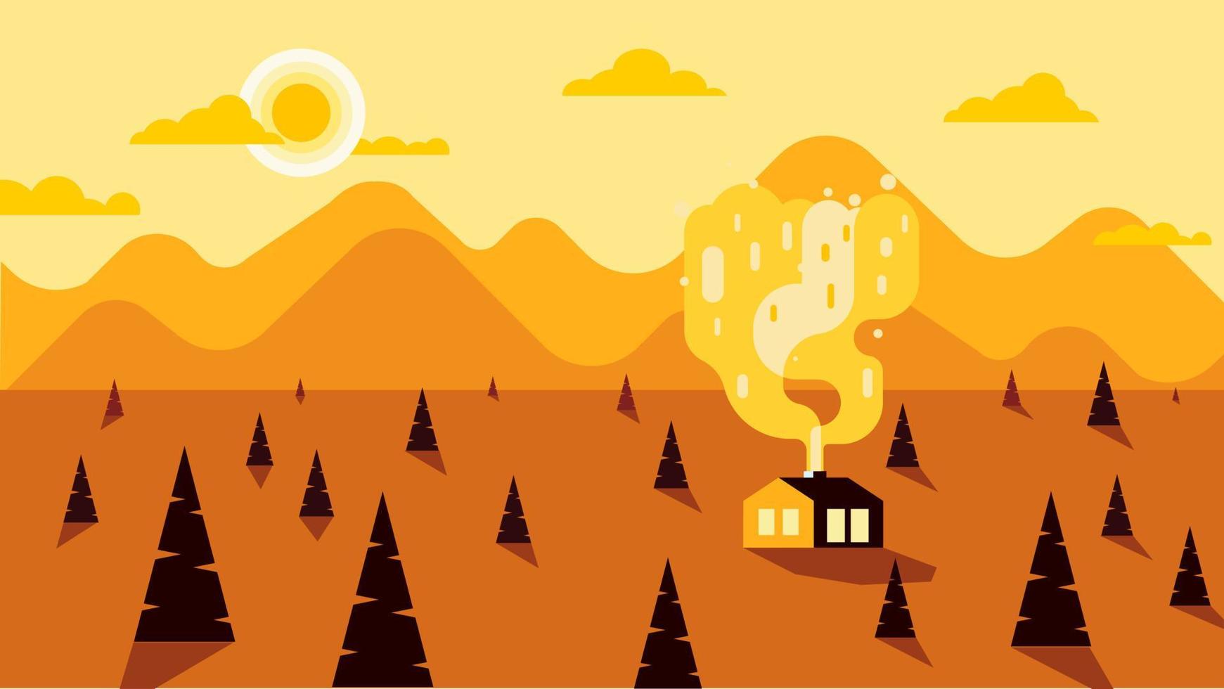 mountain flat landscape. Flat design rural landscape illustration with a country house, arable land, hills and mountains. village scene country side view vector
