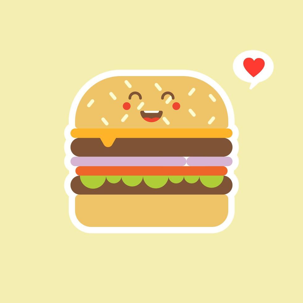 Happy smiling funny cute burger. Vector flat cartoon character illustration icon design. Isolated on color background. Burger, fast food cafe, junk food, restaurant, resto