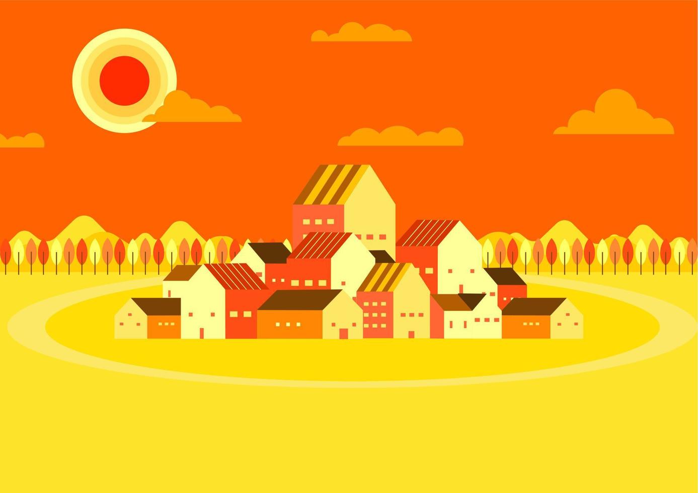 village and hills flat landscape vector