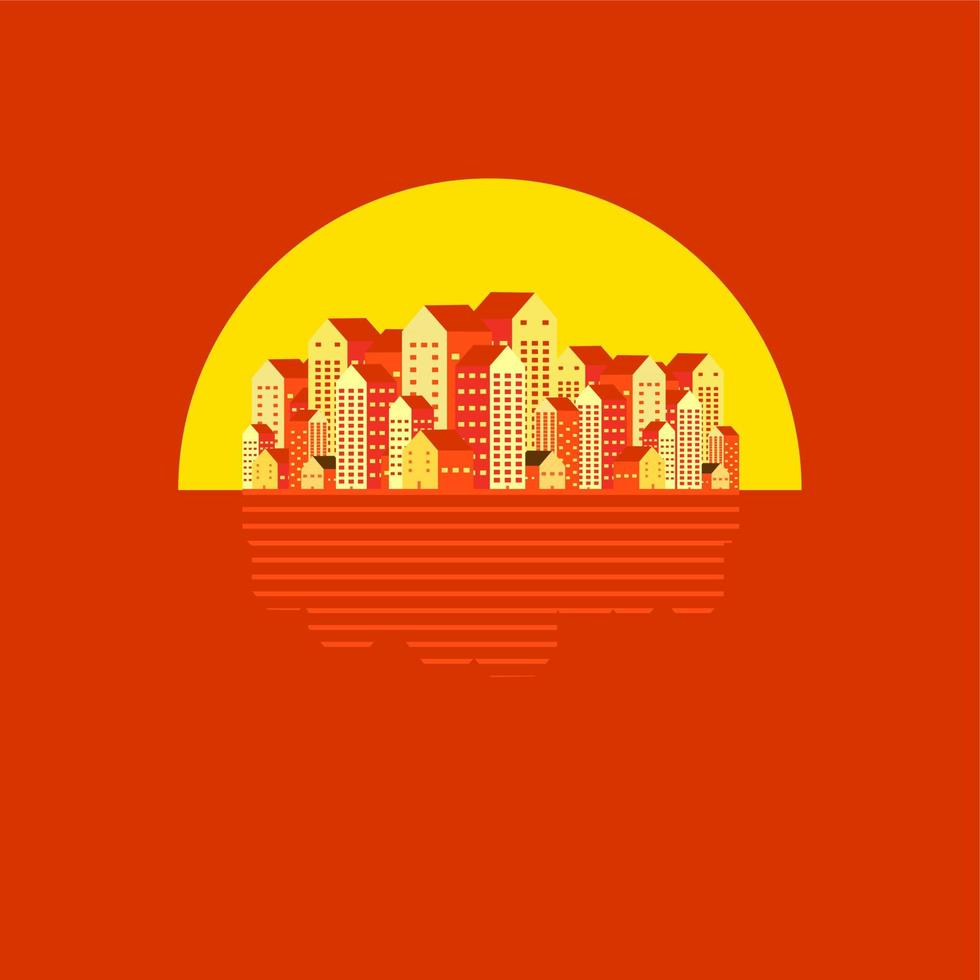 ilustración de vector de diseño plano de ciudad o paisaje urbano. escena sobre el edificio del paisaje urbano con sol por la tarde. papel pintado, ambiental, calentamiento global, problema de contaminación, térmica, cambio climático, póster