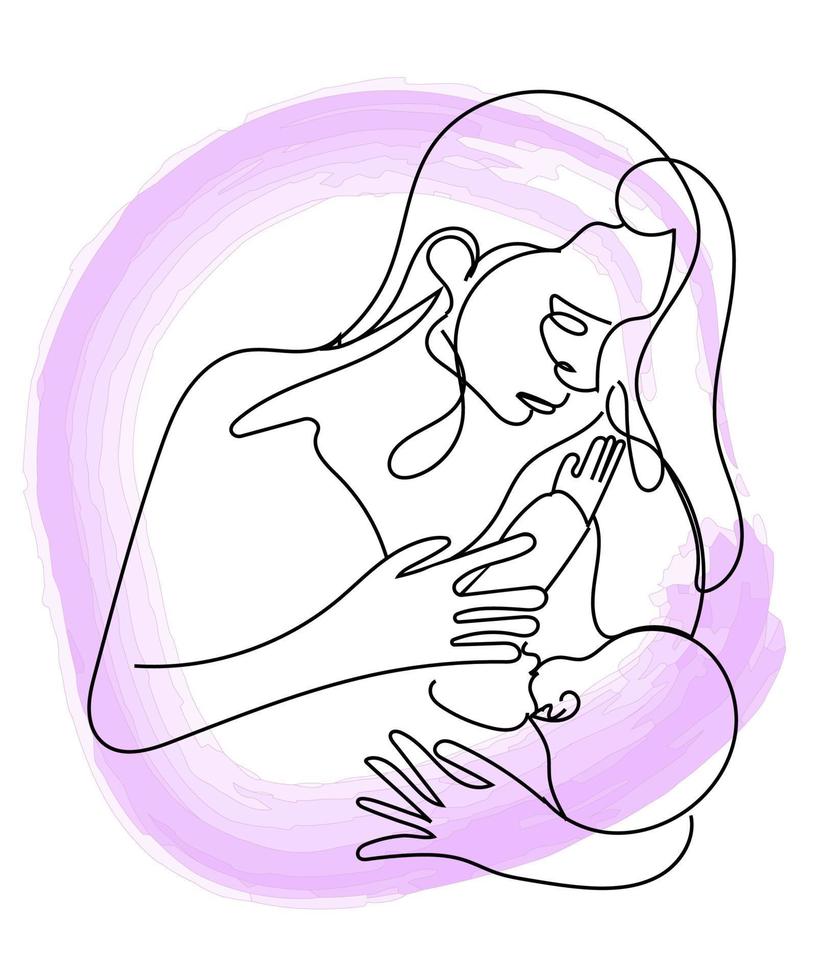 la mujer está amamantando a un bebé, amamantando, semana mundial de apoyo a la lactancia materna del 1 al 7 de agosto. vector con estilo, ilustración moderna, estilo de línea con manchas púrpuras abstractas